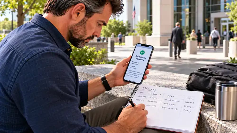 Adult on a stone bench beside a modern civic building checking a fictional document submission confirmation on a smartphone, comparing the confirmation date with a handwritten claim log, and checking off Receipt Confirmed.