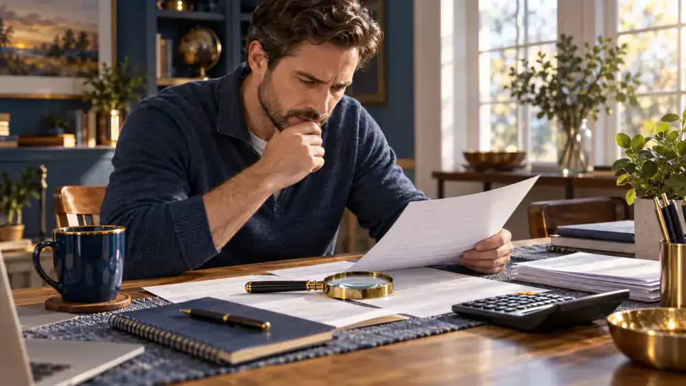 Consumer reading the fine print of a loan agreement