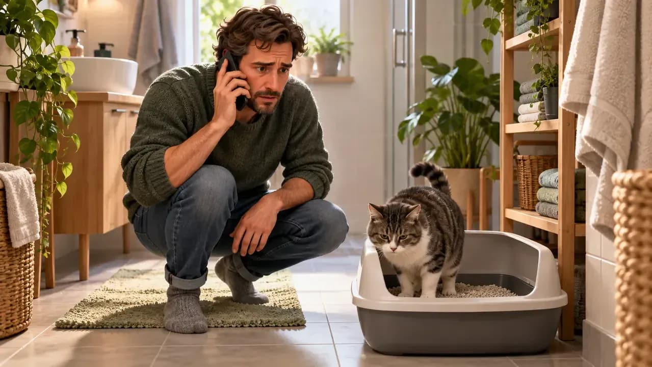 Concerned owner contacting an emergency veterinarian after a male cat repeatedly visits the litter box with little urine