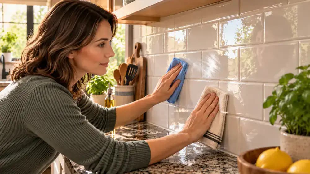 Overhead view of a cleaned backsplash section beside an untouched 2-foot section as a person moves microfiber cloths, a soft brush, and cleaner to the next area and begins dry-wiping the tile while avoiding outlets and seams.