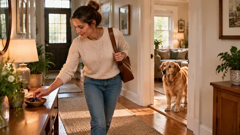A dog waits beside a laundry room doorway while its owner places a basket on a shelf, then receives a release cue to walk through together.