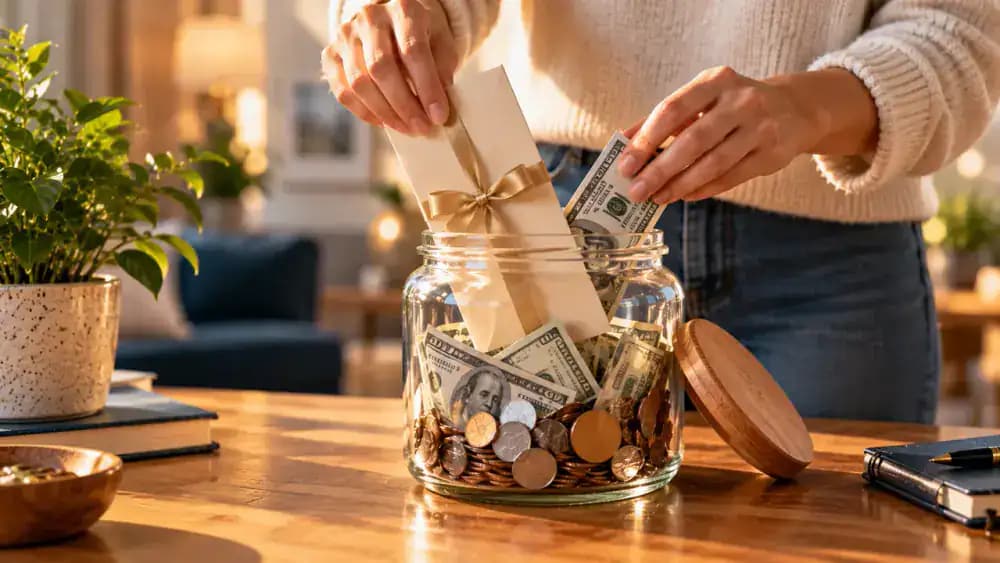 Hands placing a plain gift envelope and paper currency into a dedicated savings container.