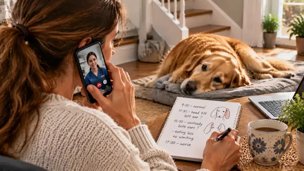 Owner speaking with a veterinary receptionist by phone while reviewing notes about symptom timing, affected ear, recent activities, and products used, with the dog resting nearby.