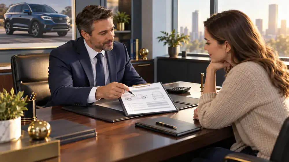 Insurance adjuster and vehicle owner discussing a printed vehicle inspection report.