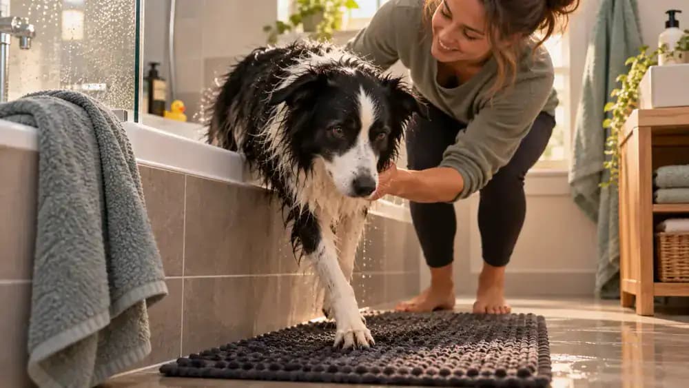 Wet border collie carefully stepping out of a bathtub onto a rubber nonslip mat while its owner guides it from the side.
