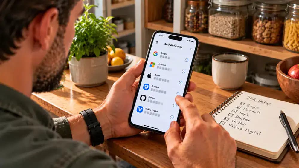 Adult checking an authenticator app on an Android smartphone at a bright kitchen pantry counter, with a handwritten checklist for banking, messaging, and authenticator apps.