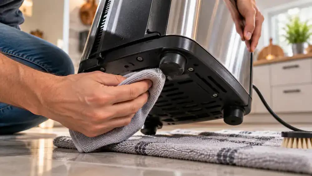 Close-up of an unplugged countertop appliance tilted slightly while a microfiber cloth cleans one rubber foot and the solid underside, avoiding a nearby screw recess and seam.