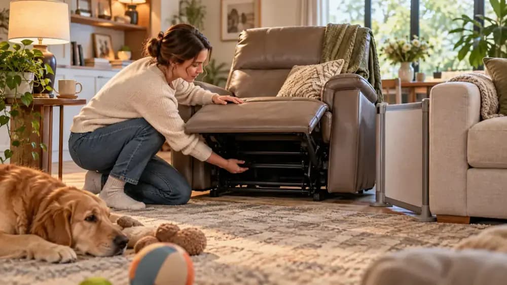 Owner checking beneath a recliner while a secure barrier blocks a narrow gap behind nearby furniture