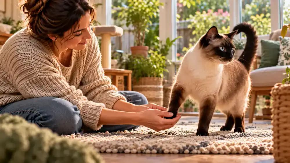 Slender Siamese cat standing naturally on a thick nonslip rug in a bright conservatory while its kneeling owner gently touches a front paw without lifting it.