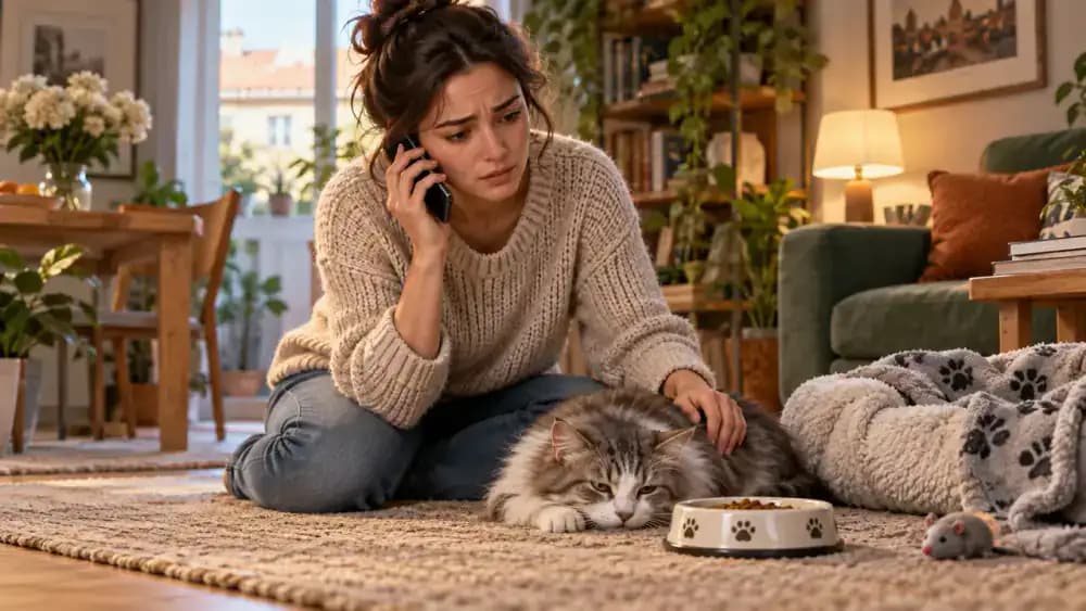 Owner cleaning litter and bowls while leaving familiar cat bedding unchanged