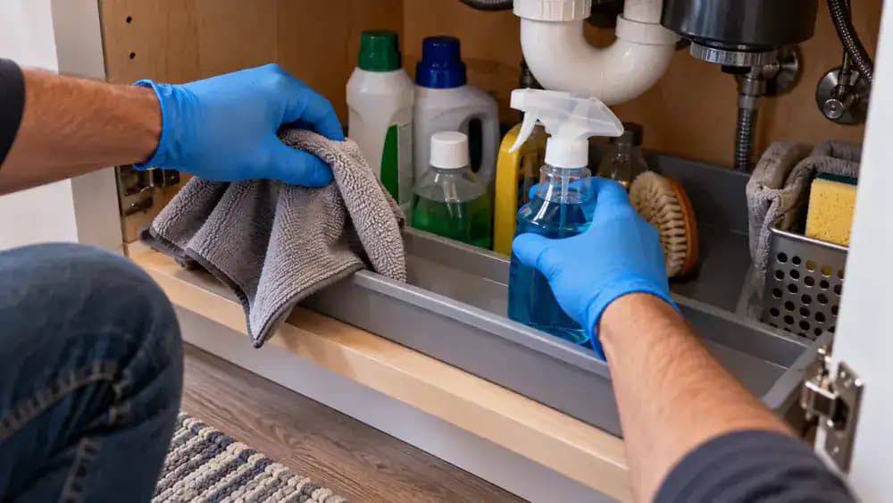 Ground-level close-up inside a clean under-sink kitchen cabinet showing blue-gloved hands removing a cloth from the raised edge of a waterproof containment tray and repositioning a sealed spray bottle inside its perimeter, with visible tray corners, original product labels, and accessible plumbing.