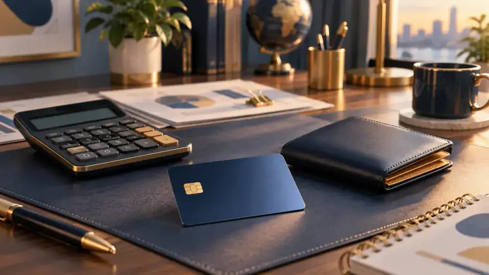 Organized household finance desk with a credit card, calculator, and closed wallet.