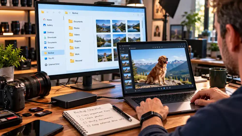 Windows 11 desktop computer in a photography studio displaying Storage settings and File Explorer with a backup folder on an external drive, including sample documents and photographs.