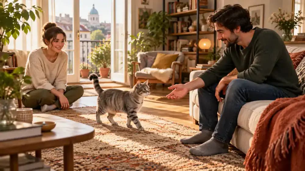 Gray tabby cat standing near an open hallway while a guest sits calmly on a sofa and the owner stands nearby with relaxed, empty hands. A covered cat bed remains accessible.