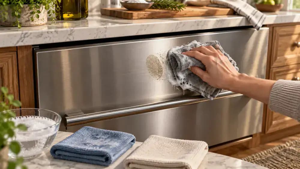 Used microfiber cleaning cloths being rinsed in a utility sink, washed with regular detergent, and hung fully open on a drying rack while fabric softener stays closed on a separate shelf.