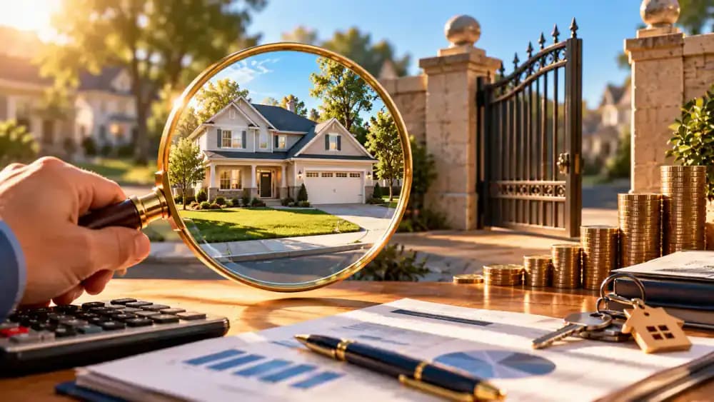 Residential house viewed through a magnifying glass beside a partially closed financial gate symbolizing lender borrowing restrictions.