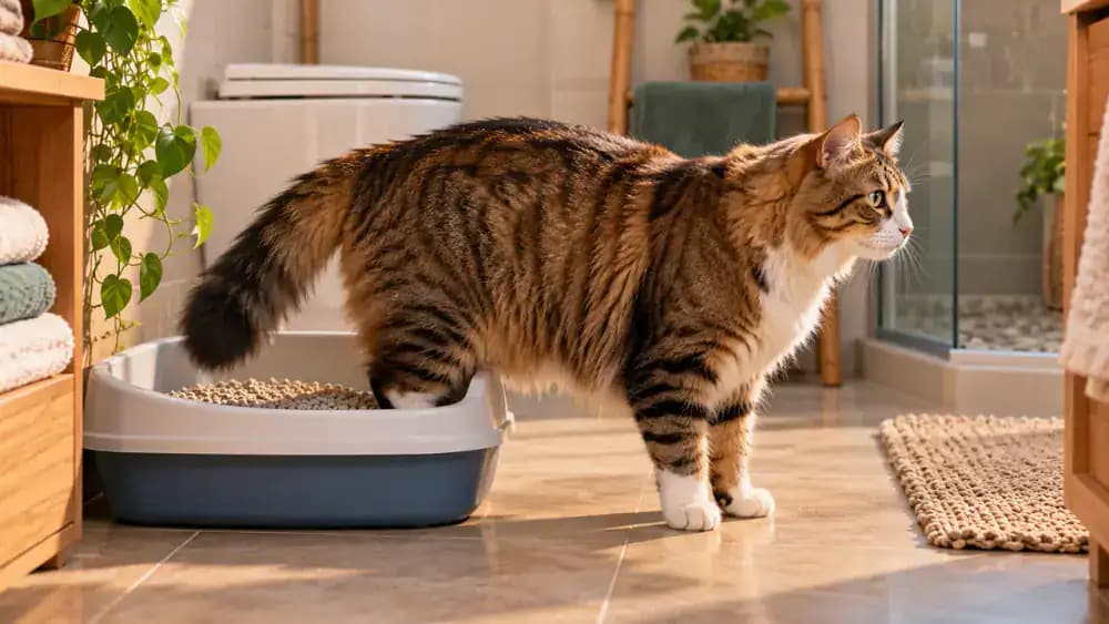 Large cat standing partly outside an undersized litter tray in a bathroom while an owner compares it with a larger replacement, followed by a veterinary consultation graphic.