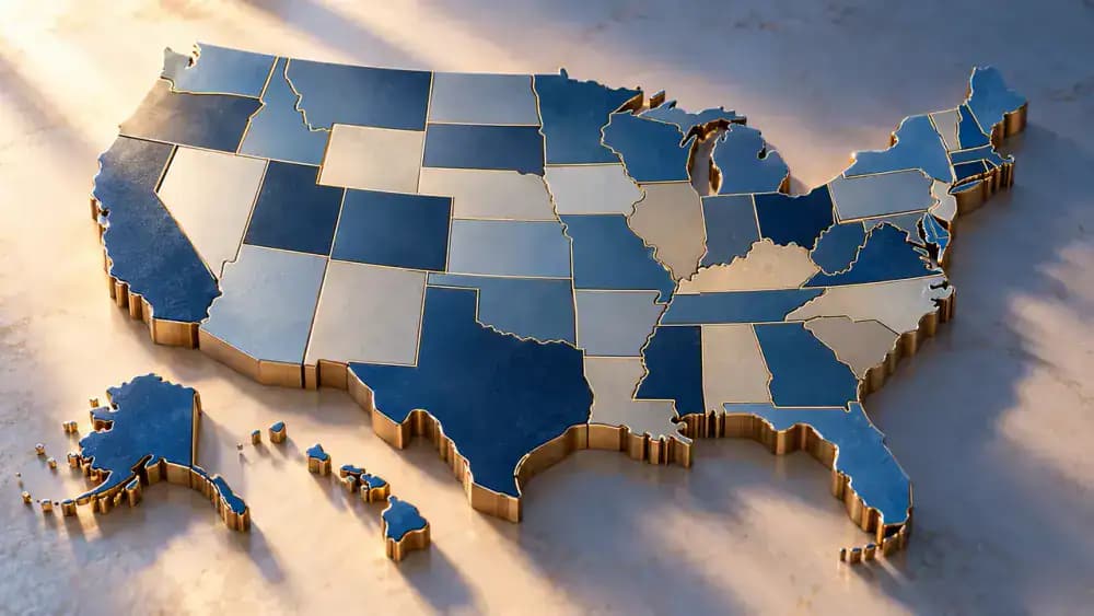 Unlabeled map of the United States with subtle state boundaries, representing differences in asset protection laws.