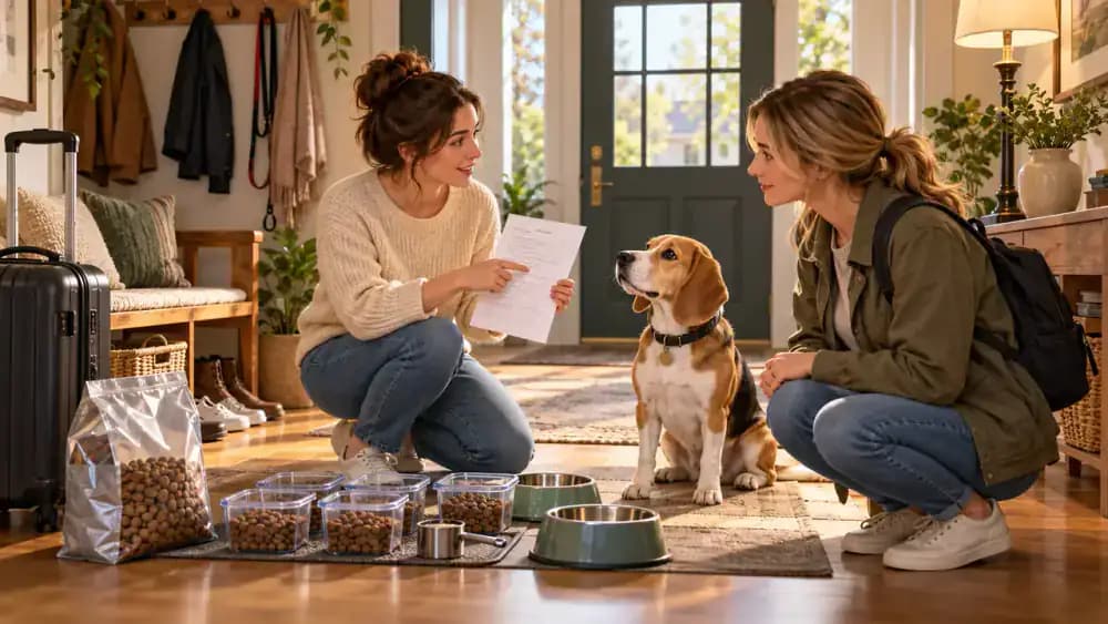 Homeowner handing illustrated pet feeding instructions to a pet sitter beside labeled food portions and a sealed package while a Beagle waits nearby.