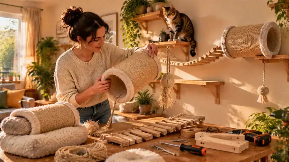 Owner comparing a cat tunnel, connecting bridge, and hanging fabric accessory, rejecting a frayed item, and securely installing a suitable tunnel between two platforms as the cat explores it.