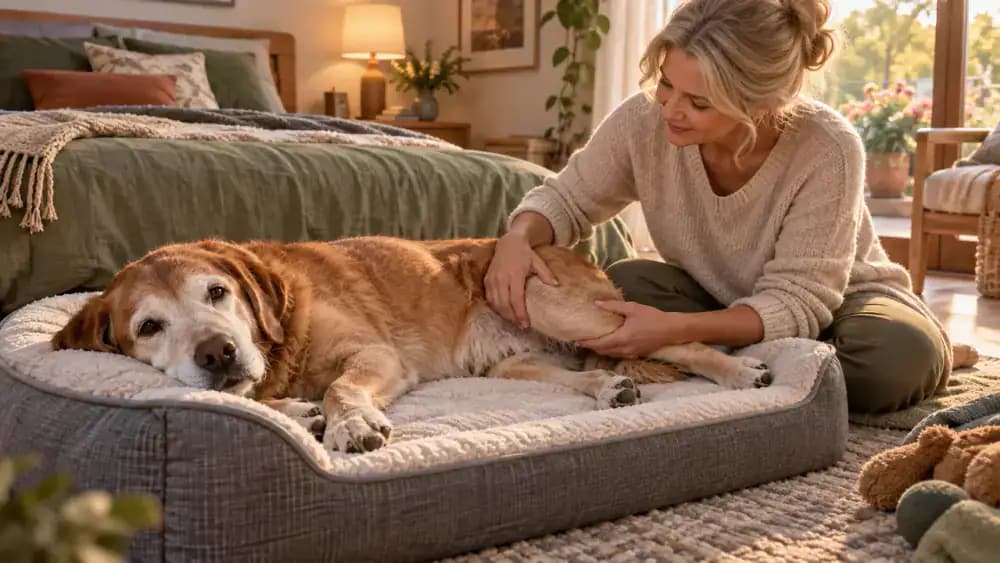 Senior gray-muzzled dog resting on an orthopedic bed while its owner gently observes its hind leg