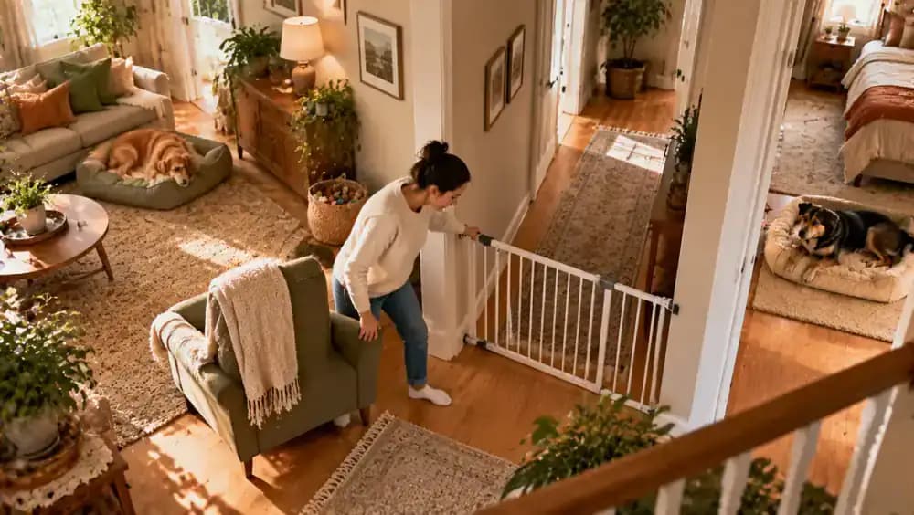 Owner directing two dogs to separate prepared areas after a delivery person rings the doorbell, with one dog using a food puzzle and the other resting on a bed with a familiar blanket.