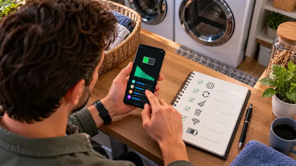Android smartphone on a clean laundry room counter displaying Battery usage settings beside a paper maintenance checklist covering official updates, app permissions, display settings, and Battery Saver, away from appliances and heat sources.