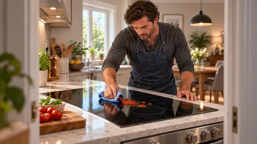 Sunlit modern American kitchen with a black glass-ceramic electric cooktop, a fresh sauce splash beside the front-right burner, a saucepan resting on a trivet, and a person using a microfiber cloth to wipe the cooled surface while leaving a hardened rear-left stain untouched.