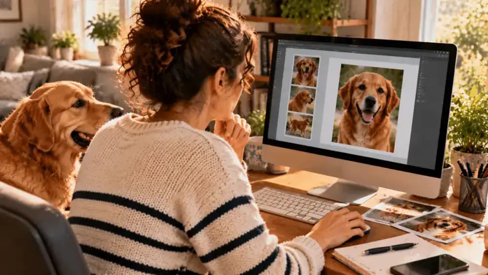 A pet owner prepares a lost-pet notice on a home computer using a clear photograph, distinctive markings, and a contact method while keeping the home address and microchip number private.