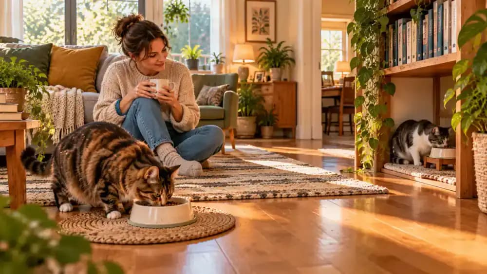 Fluffy gray-and-white cat preparing to eat privately in a guest room as the owner leaves, while an older tortoiseshell cat eats comfortably near the owner reading in an armchair in a separate room.