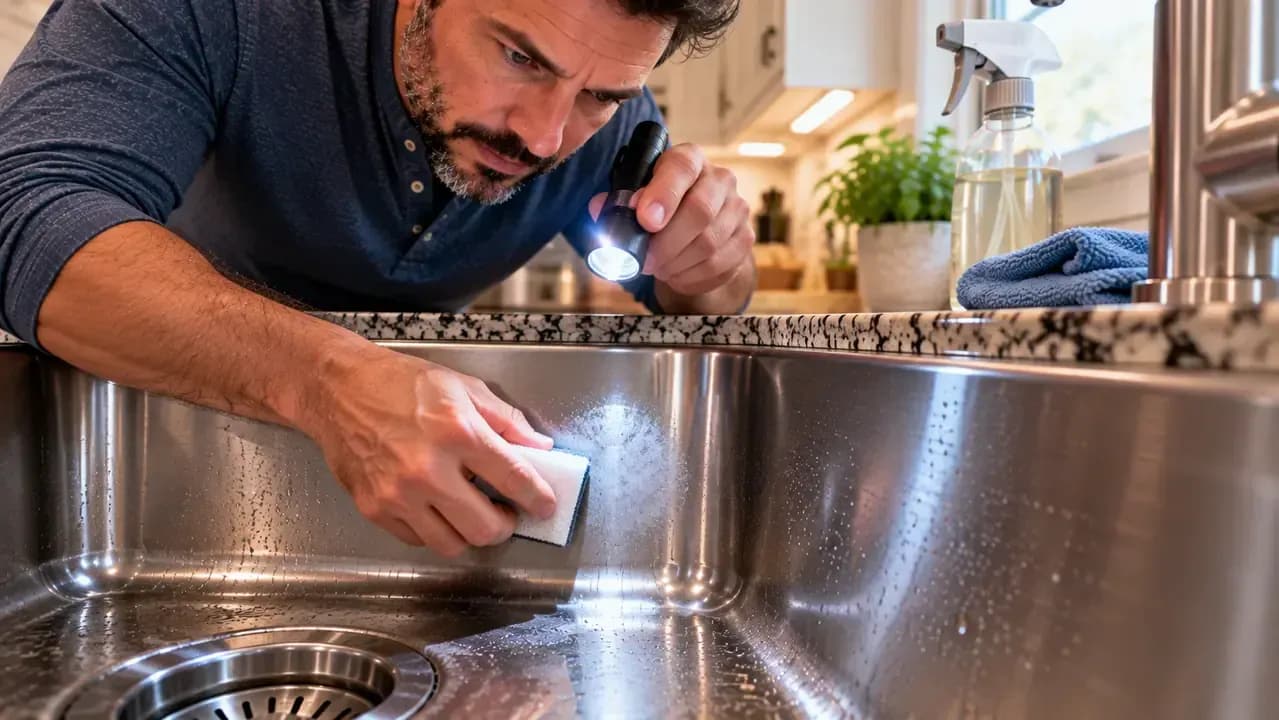 Homeowner checking a freshly rinsed stainless steel sink from a low angle with a handheld light, then wiping a faint cloudy patch with a damp microfiber cloth along the grain.