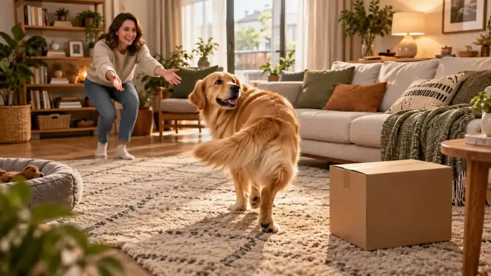 Golden retriever looking at a cardboard box before responding to its owner's recall cue