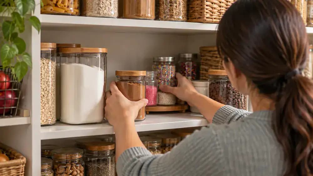Person organizing a modern kitchen pantry by moving a sealed cinnamon container to the front of a shelf and placing rarely used baking decorations farther back, with neatly spaced, labeled food containers.