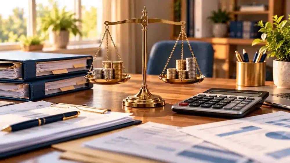 Balanced financial scale with coins and folders beside a calculator on a desk.