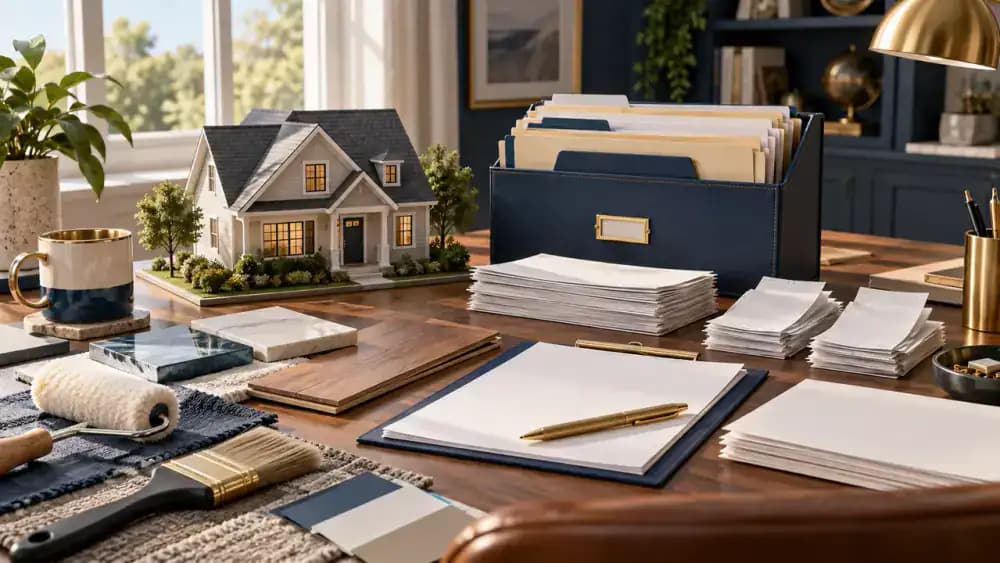 Organized renovation receipts, building materials, a miniature house, and a filing folder.