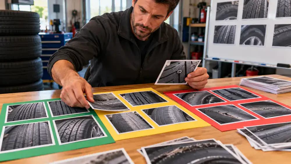 Educational tire safety decision chart sorting tire problems into three categories: adjust and recheck, schedule professional inspection, and do not drive.