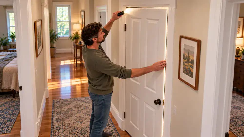 Homeowner using a compact flashlight to inspect the lower brass hinge screws on an open white interior door in an American hallway, with all three hinges visible and one hand resting on the brushed nickel lever handle.
