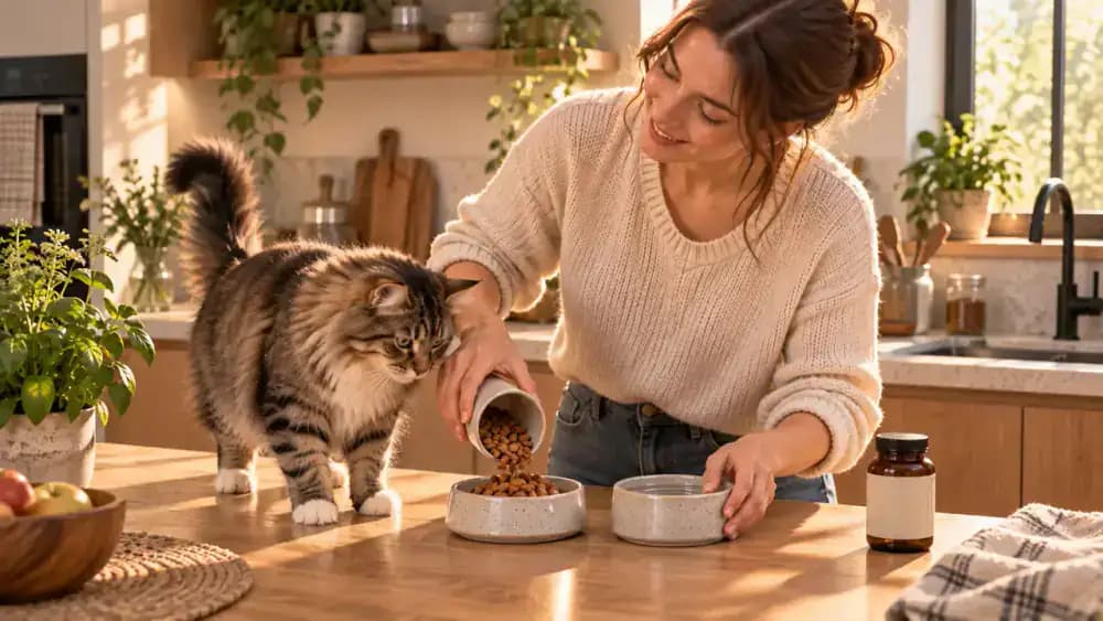 Balanced pet food, fresh water, and unopened coat supplement beside a veterinarian note
