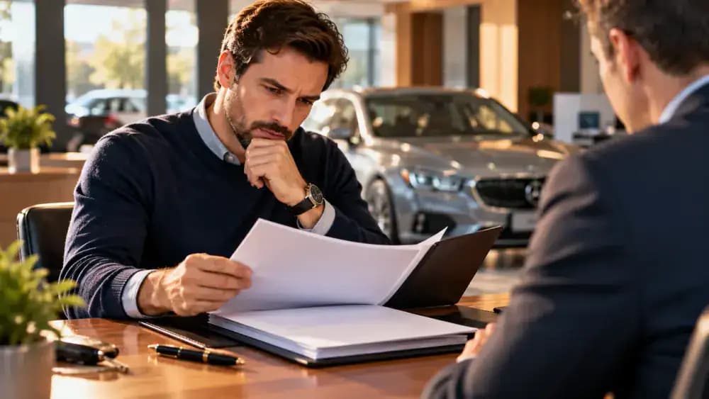 Careful car buyer reviewing a thick financing document folder before signing.