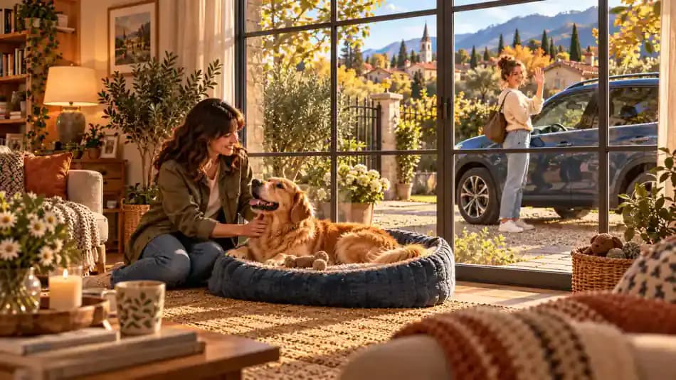 Bailey watches Emma standing near her parked blue car through the living room window while another trusted family member sits quietly beside him.