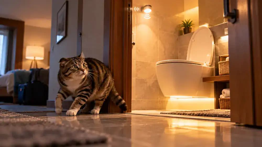 Modern hotel suite showing a motion-activated bathroom light, automatic toilet, and television turning on unexpectedly while a startled tabby cat retreats beneath a chair and the owner discusses device settings with hotel staff.