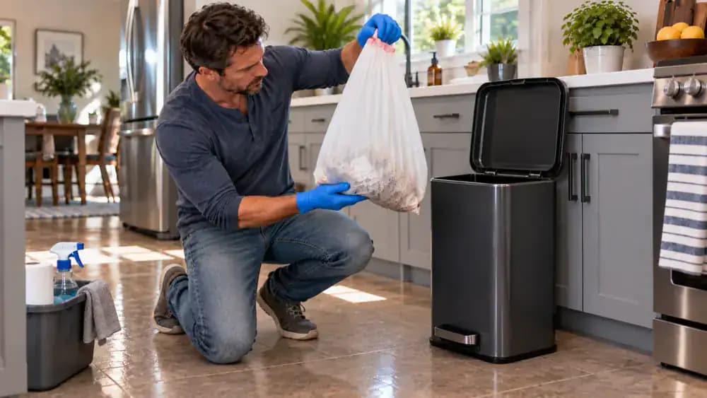Gloved person draining leftover liquid from an open food container into a kitchen sink before placing the emptied container into a lined trash can