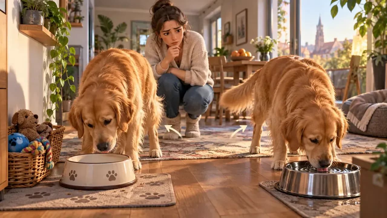 Concerned owner watching a dog repeatedly search an empty food bowl