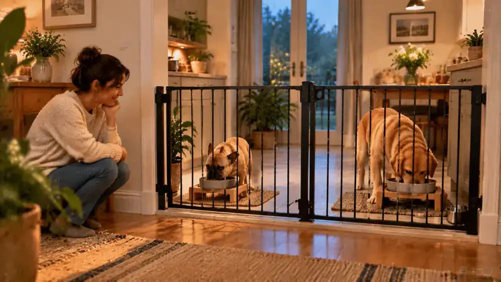 A French Bulldog eats from its own bowl in one feeding area while a Labrador eats a separate measured meal behind a securely closed baby gate, with an adult owner observing from the hallway.