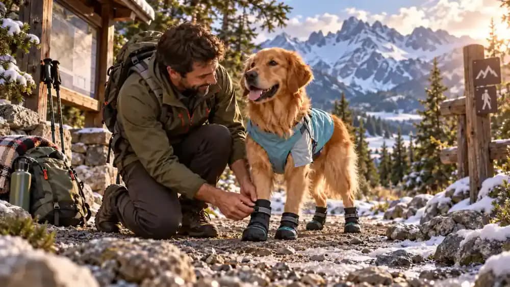 Dog wearing properly fitted protective boots before walking over rough ground, snow and gravel