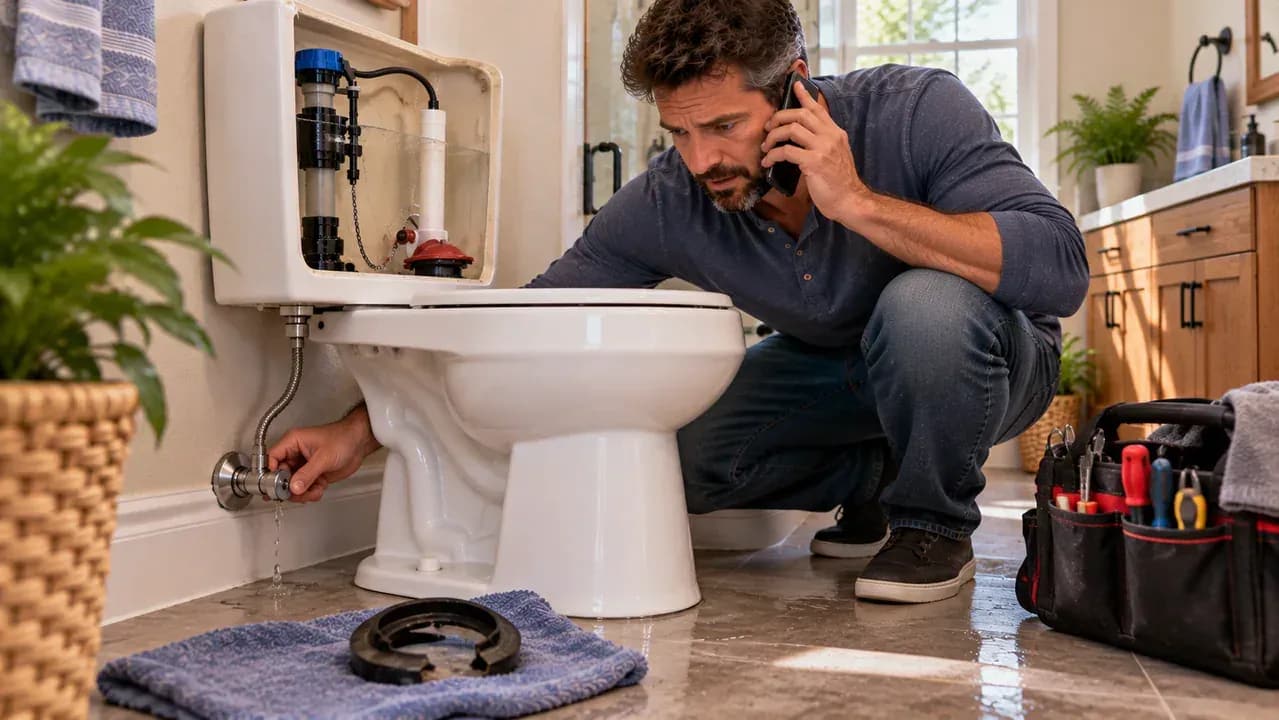 Person beside a toilet spotting moisture at the wall shutoff valve, a crack in the porcelain tank, and water on the floor before gently closing the supply valve and calling a plumber.