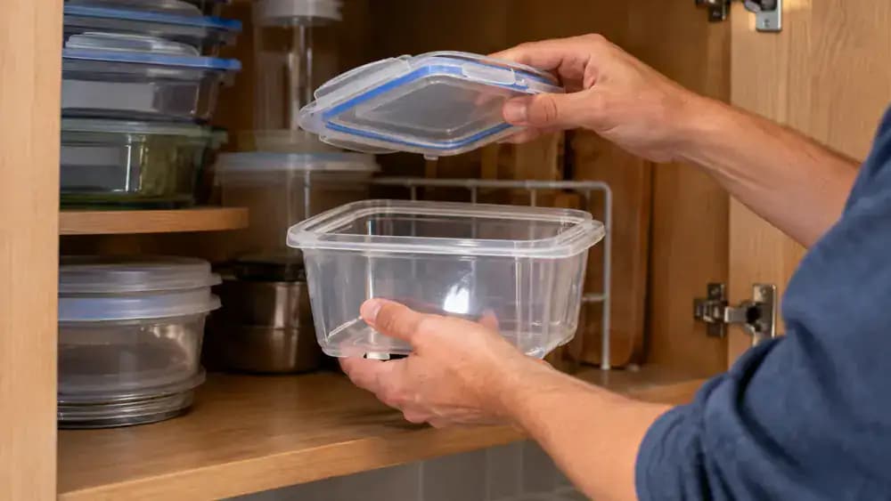 Close-up of hands cleaning tomato sauce residue from a transparent plastic food container with a soft sponge and mild dish soap at a kitchen sink, with the matching lid cleaned separately and both pieces placed on a drying rack.