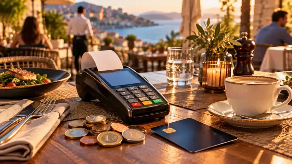 Restaurant table with payment terminal, blank receipt, coins, and coffee cup illustrating foreign currency tipping.