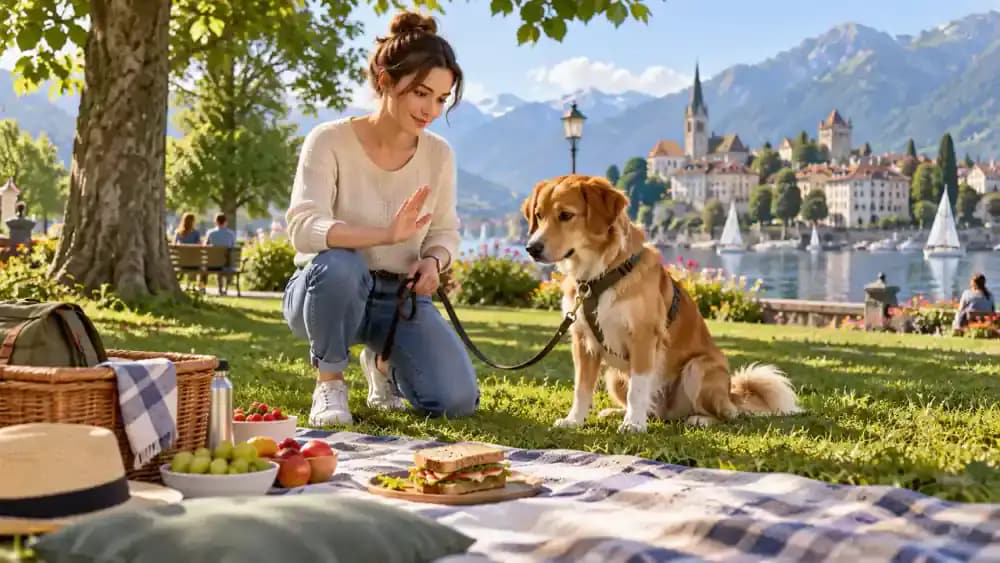 Owner gently guiding a leashed dog away from an unattended sandwich on the ground in a grassy picnic area.