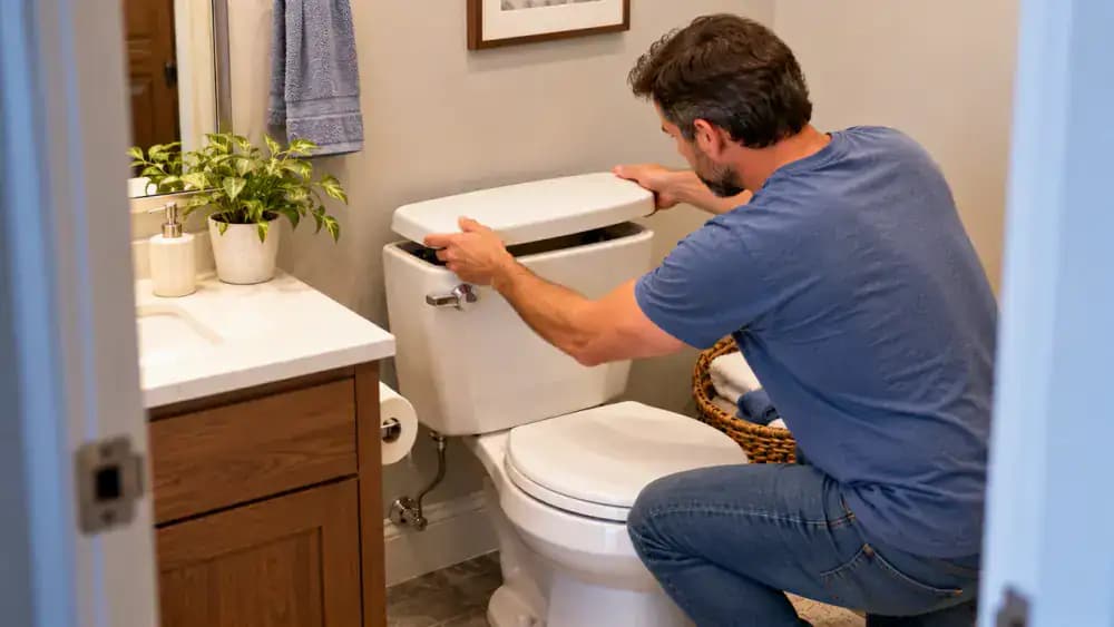 Homeowner carefully lowering a white porcelain toilet tank lid into place with both hands in a clean American bathroom, then gathering a flashlight, screwdriver, sponge, and towels from the countertop.